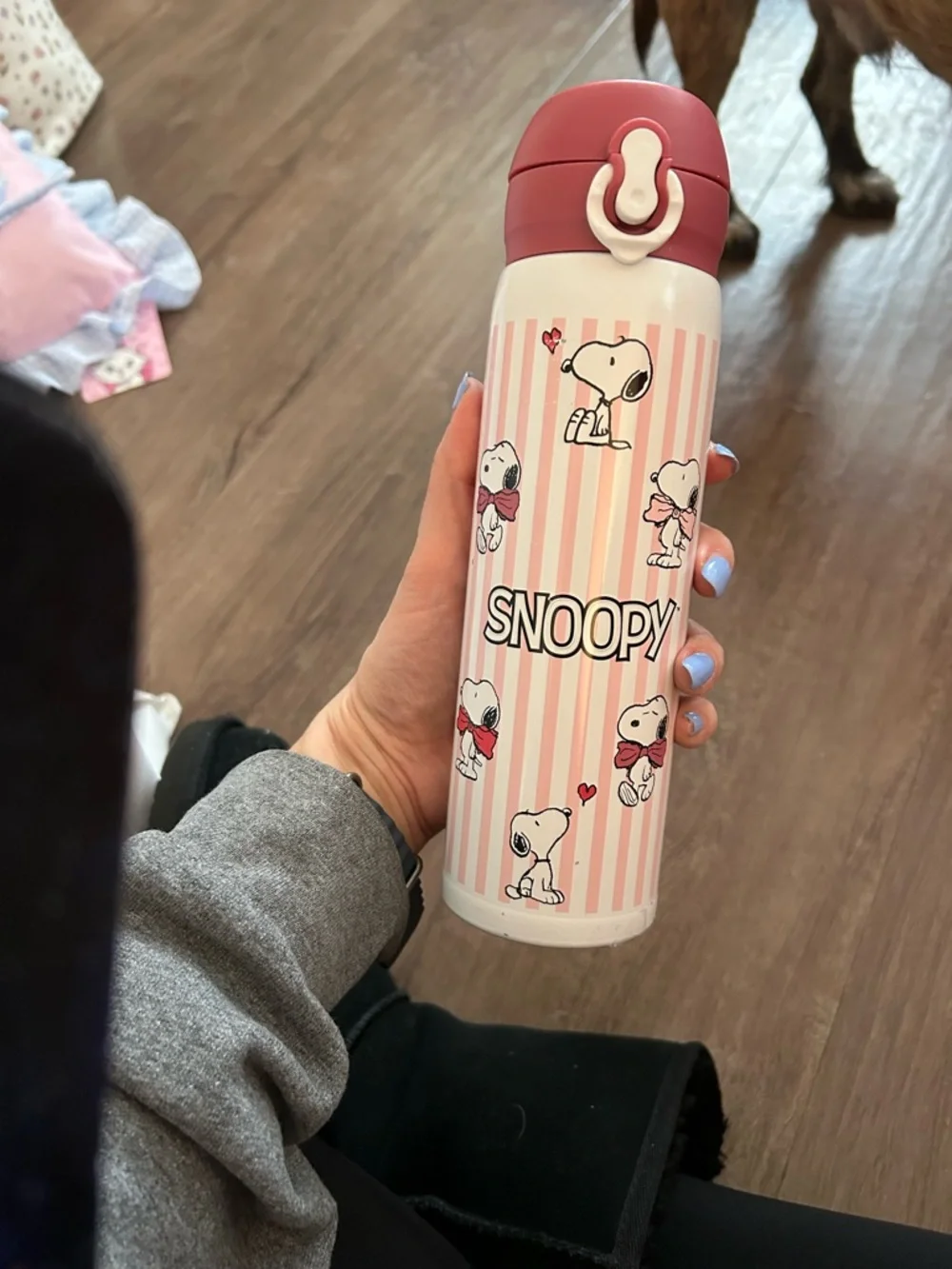 NWT Snoopy Pink Striped Stainless Bottle - Picture 1 of 6